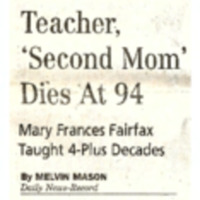 Newspaper Clippings of an Article About the Death of Mary Awkard Fairfax in Daily News-Record